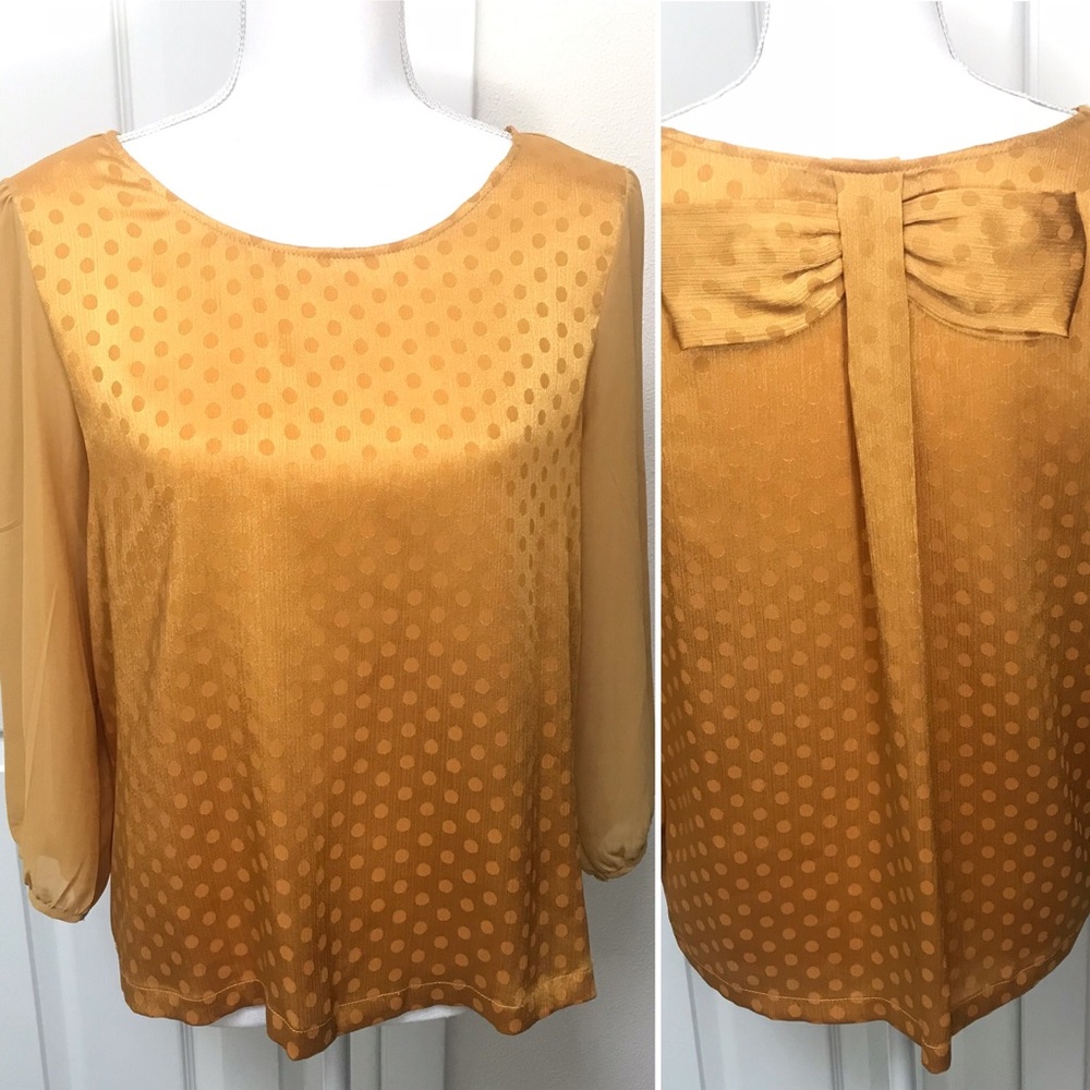 CHLOE K Mustard Yellow Satin Polka Dot Bow Blouse M